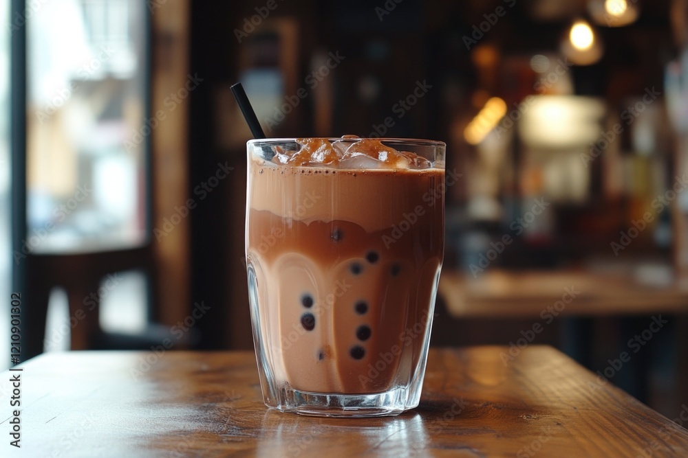 A refreshing glass of iced coffee sits on a wooden table, capturing the essence of a tranquil café moment and the enjoyment of a chilled beverage on a warm day.