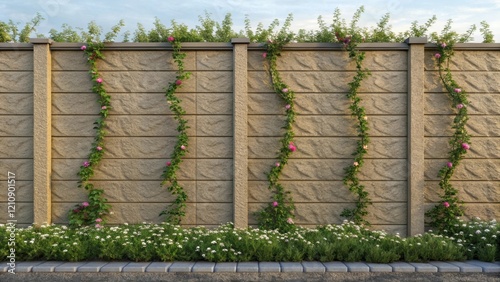 A medium closeup of a barrier wall with a textured surface featuring small flowering plants and vines growing along the edges illustrating an ecofriendly approach to noise control photo