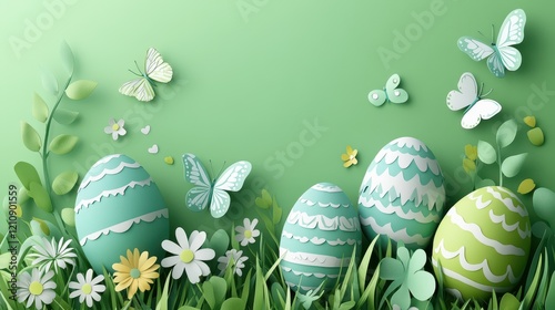 Green easter eggs and spring symbols in paper art design for holiday decor