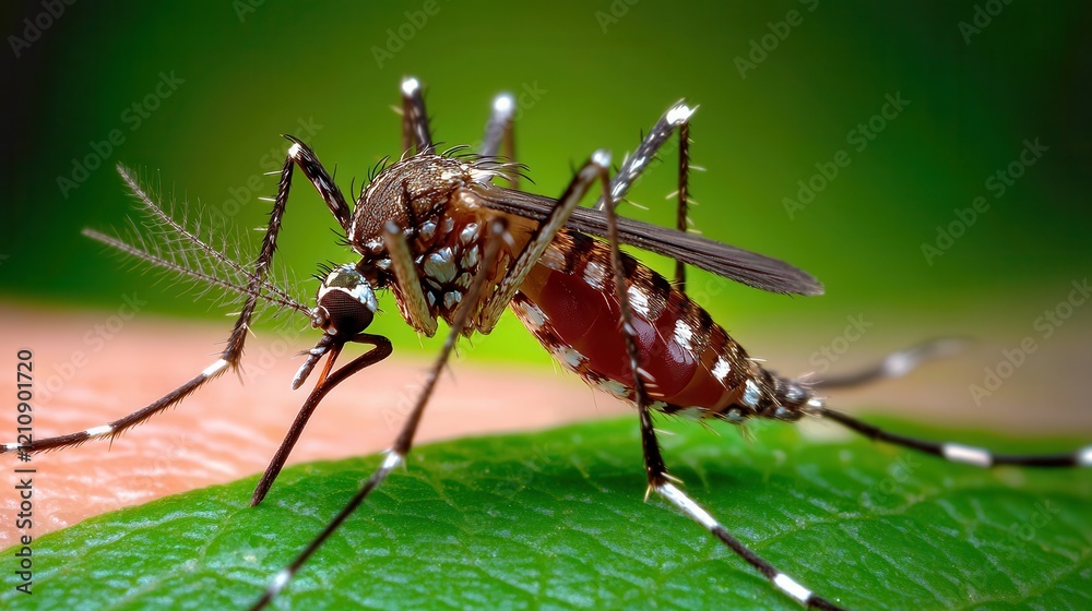Close-up of a mosquito on skin with green background Close-up of a mosquito on skin with green background