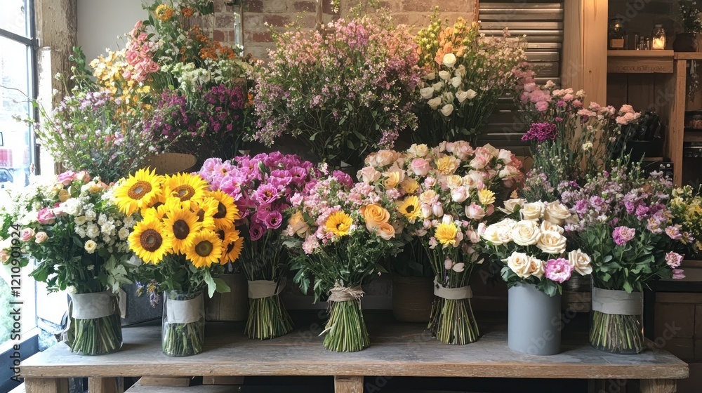 Vibrant flower bouquets displayed in rustic shop