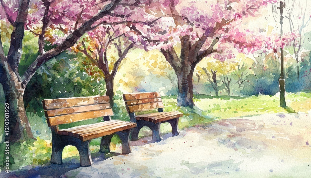 Watercolor series romantic park benches under flowering trees, perfect for spring and summer scenes. Watercolor series romantic park benches under flowering trees, perfect for spring and summer scenes.
