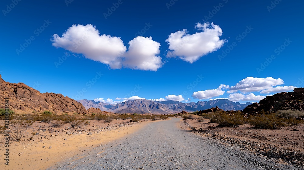 Desert Landscape with Mountain Range and Gravel Road under a Vivid Blue Sky Desert Landscape with Mountain Range and Gravel Road under a Vivid Blue Sky