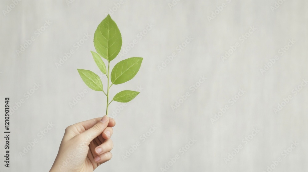 Hand holding a sprig of fresh green leaves against a light beige background. Hand holding a sprig of fresh green leaves against a light beige background.
