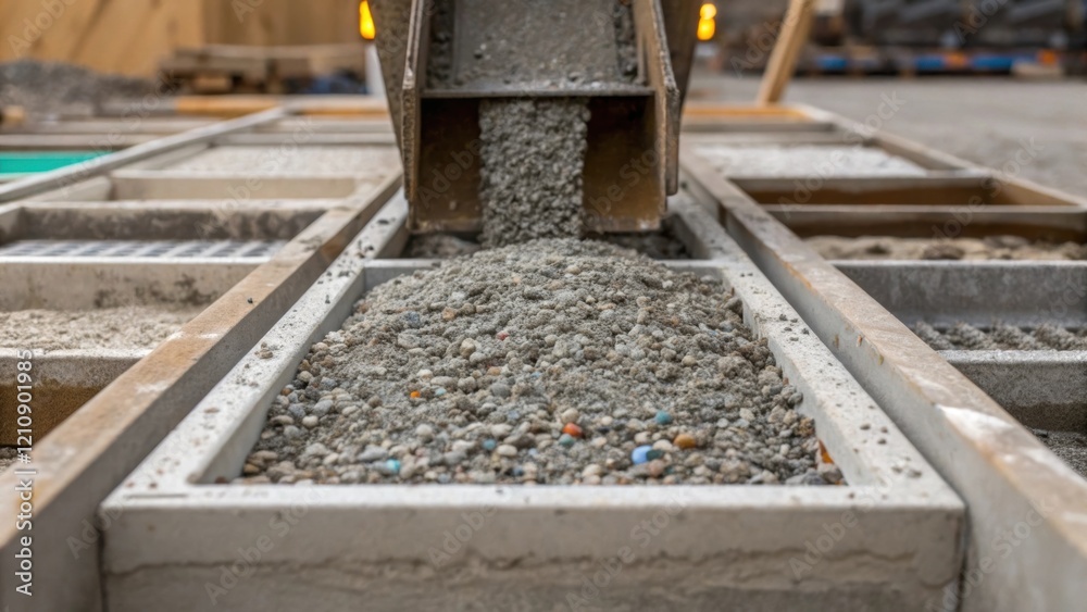 A medium closeup of a construction site focusing on a mix of fresh concrete being poured into molds with visible aggregates made from crushed recycled glass and stone emphasizing A medium closeup of a construction site focusing on a mix of fresh concrete being poured into molds with visible aggregates made from crushed recycled glass and stone emphasizing
