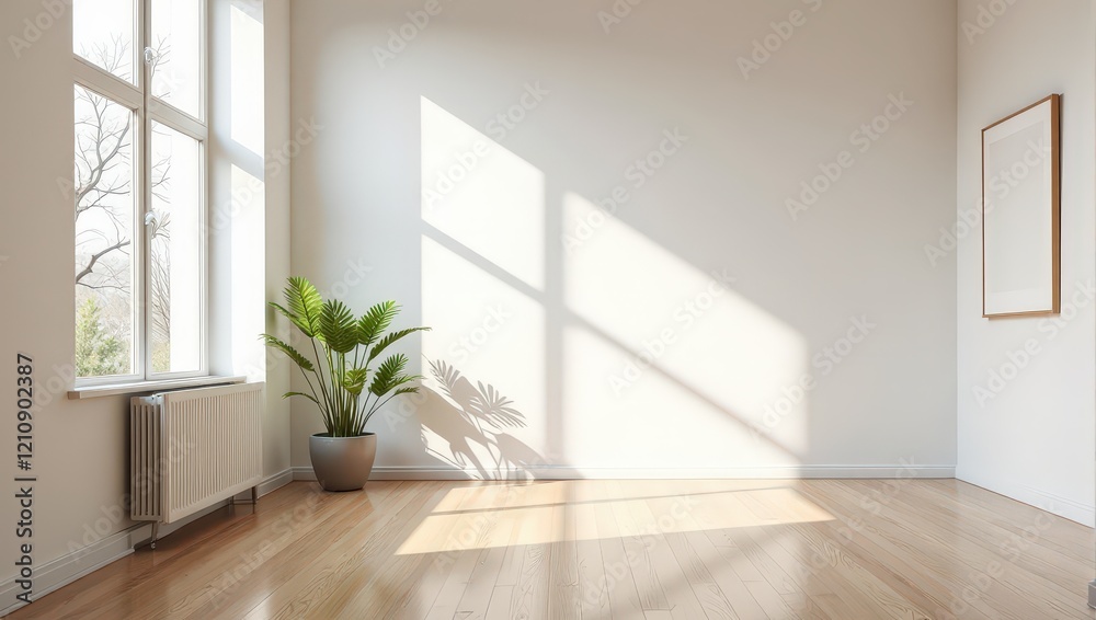 Obraz premium Close-up of lush greenery nestled in a sleek gray pot, set against a warm light brown wood floor and pristine white wall, with its gentle shadow dancing on the surface beside it
