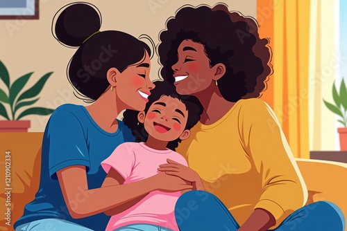 Joyful Family Bonding: Two Mothers Embrace Their Child in a Bright Living Room Filled with Plants, Capturing Love and Happiness in Modern Parenting photo