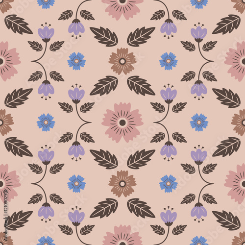 Floral seamless pattern on a beige background. Beautiful pastel pattern with cute blue, rose and brown flowers and leaves in trendy colors of the year 2025. Rustic textile print. Hand drawn style
