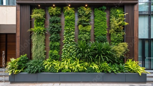 A medium closeup of a lush vertical garden on a building faÃ§ade showcasing a variety of plants that enhance air quality and aesthetic appeal with waterefficient irrigation systems photo