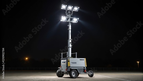A medium closeup of a mobile lighting tower with adjustable height and multiple light fixtures providing extensive visibility across the site at night with a sleek design and