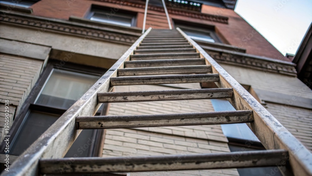 Fototapeta premium A medium closeup of a metal fire escape ladder hanging down from a building facade with weathered rungs and a sy frame showcasing its importance for emergency exits.