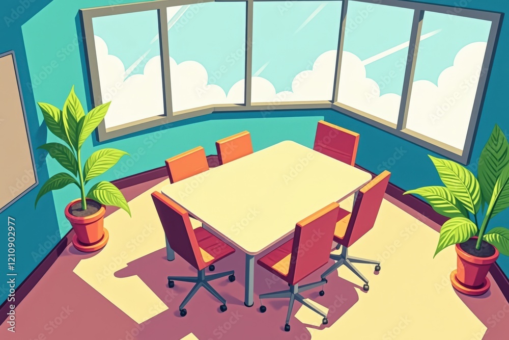 Fototapeta premium Modern Conference Room with Large Windows and Green Plants Offering a Bright, Inviting Atmosphere for Productive Meetings and Collaborations