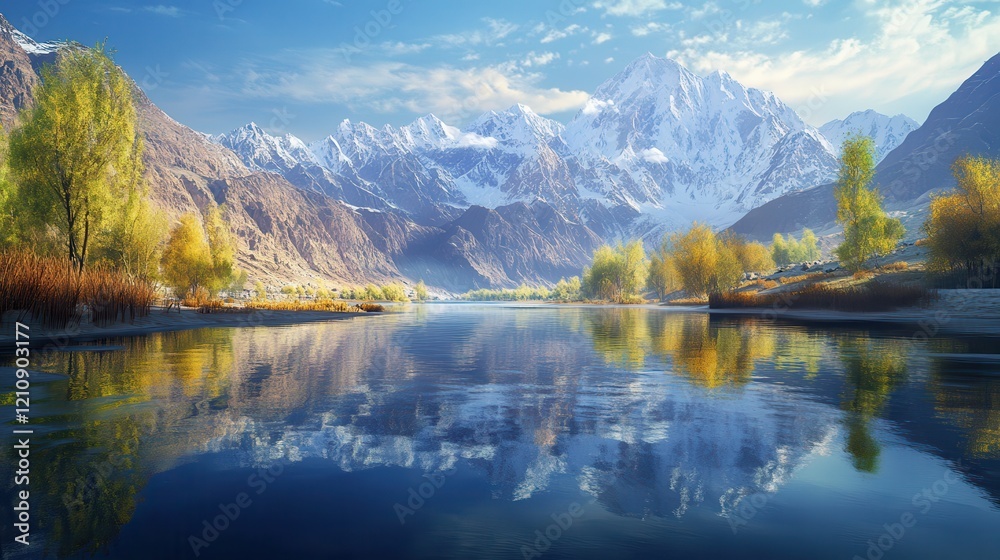 Fototapeta premium Majestic mountain landscape reflecting in serene lake under clear sky