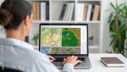 A medium closeup of an environmental consultant using GIS technology on a laptop to analyze land use maps illustrating the integration of technology in assessing ecological impacts