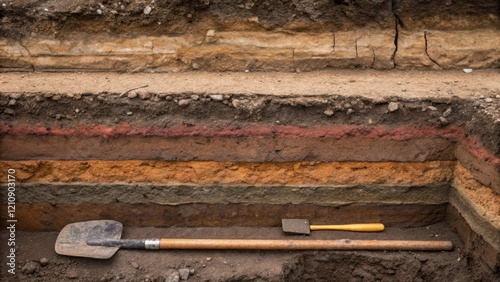 A medium closeup of an excavation site with layers of soil exposed revealing different strata tools tered around and a trowel resting against an ancient beam illustrating the