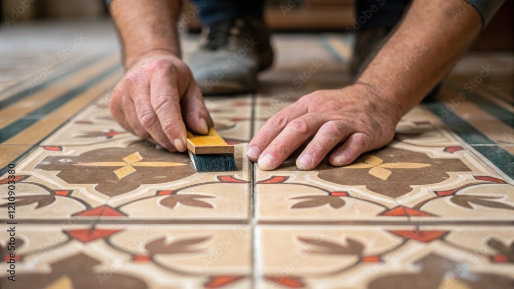 A medium closeup of a pair of hands restoring a vintage tile floor carefully cleaning and replacing broken tiles while preserving the original pattern and color scheme.