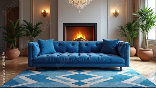 A plush royal blue tufted sofa, adorned with matching pillows, sits elegantly atop a striking blue rug. Its intricate white-blue pattern adds a chic flair to the inviting interior space photo