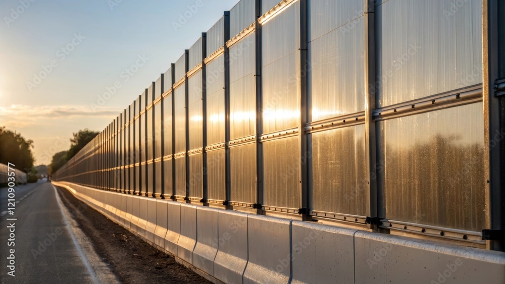 A medium closeup of a row of reflective sound barriers their smooth surfaces glistening in the sunlight while surrounding the construction site. The texture emphasizes their A medium closeup of a row of reflective sound barriers their smooth surfaces glistening in the sunlight while surrounding the construction site. The texture emphasizes their