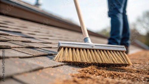 A medium closeup of a roofer sweeping debris from the roof surface with a brush emphasizing the importance of cleanliness and preparation in ensuring a successful shingle