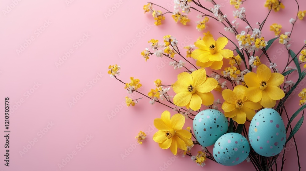 Spring bouquet with easter eggs and floral decor on pastel pink background Spring bouquet with easter eggs and floral decor on pastel pink background