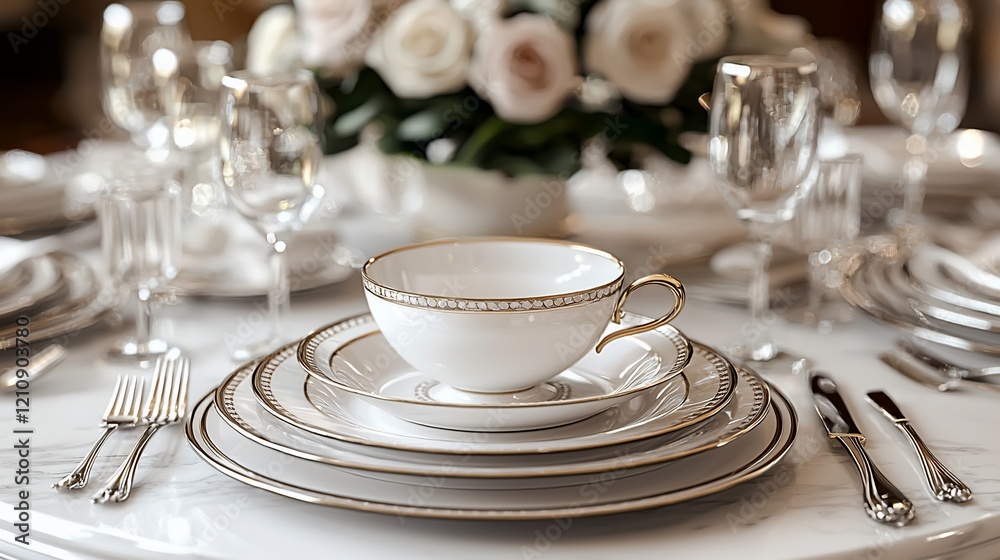 Fototapeta premium Elegant table setting with fine china, silverware, and glassware.