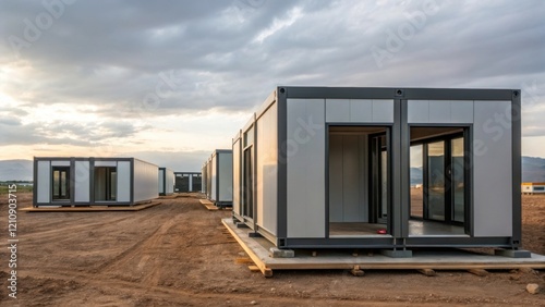 A medium closeup of a site where multiple prefabricated modules are being assembled capturing the contrast between the raw landscape and the modern sleek lines of the factorybuilt