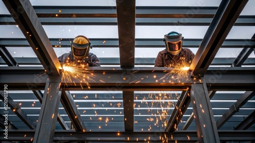 A medium closeup of a steel framework being erected showcasing welders in action with sparks flying as they attach beams that will support upcoming structures.