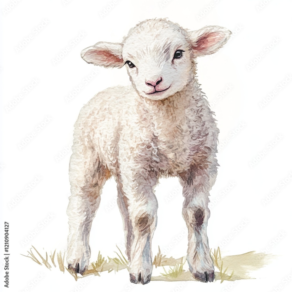 Fototapeta premium This watercolor artwork features a detailed lamb against a white background, showcasing its fluffy texture and playful demeanor, perfect for nature enthusiasts