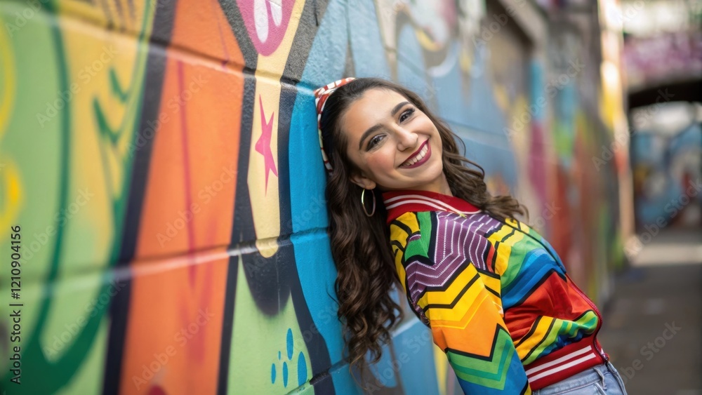 Naklejka premium A medium closeup of a vivid graffiti wall in the background where a young woman poses playfully for a photo showcasing her colorful outfit that matches the urban art scene.