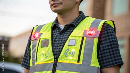 A medium closeup of a wearable safety vest equipped with reflective materials and embedded sensors showcasing its ability to detect environmental hazards and alert the wearer.