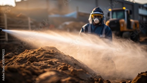 A medium closeup of a worker applying a waterefficient dust control solution on a dirt pile with a mist of water catching the light. The technique demonstrates a proactive approach photo