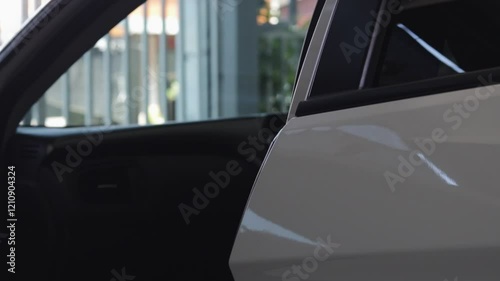 A close-up of a woman's hand opening the front door of a white car. CU shot, Closeup.