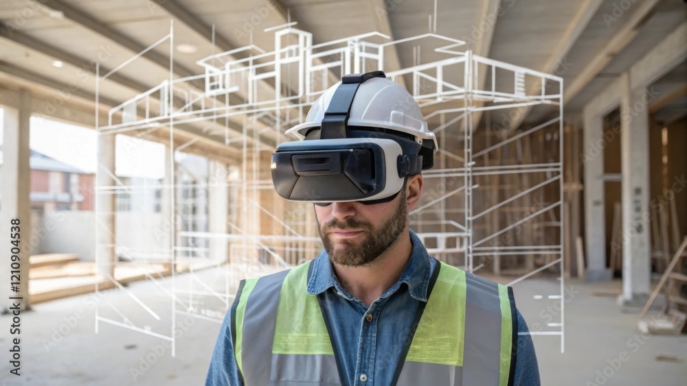 custom made wallpaper toronto digitalA medium closeup of a worker using an augmented reality headset to visualize project elements onsite. The translucent overlay of structural components contrasts with the raw