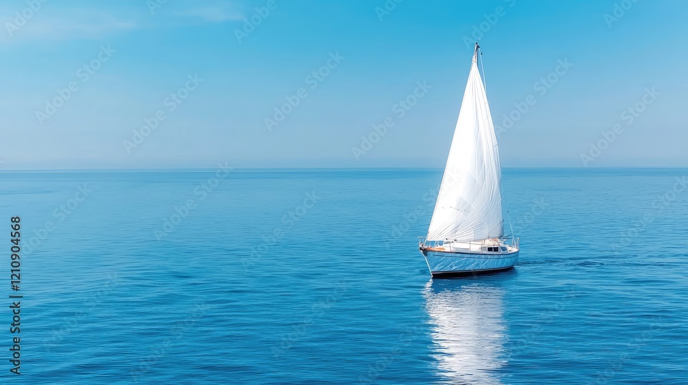 Fototapeta premium White sailboat sailing on the calm blue ocean under a clear sky during a bright sunny day.
