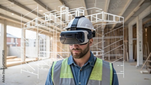 Wallpaper Mural A medium closeup of a worker using an augmented reality headset to visualize project elements onsite. The translucent overlay of structural components contrasts with the raw Torontodigital.ca