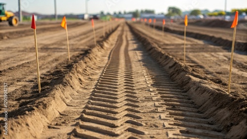 A medium closeup of heavy machinery tracks imprinted in freshly turned soil with construction stakes and flags marking the boundaries of the site showing the meticulous planning