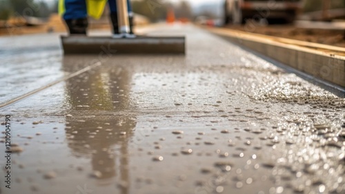 Wallpaper Mural A medium closeup of newly poured concrete for a runway with a worker smoothing the surface using a trowel droplets of water glistening on the wet mix emphasizing texture and Torontodigital.ca