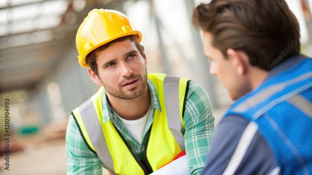 A medium closeup of the responder discussing the injury with the affected worker with the construction environment blurred in the background exemplifying communication in first aid A medium closeup of the responder discussing the injury with the affected worker with the construction environment blurred in the background exemplifying communication in first aid