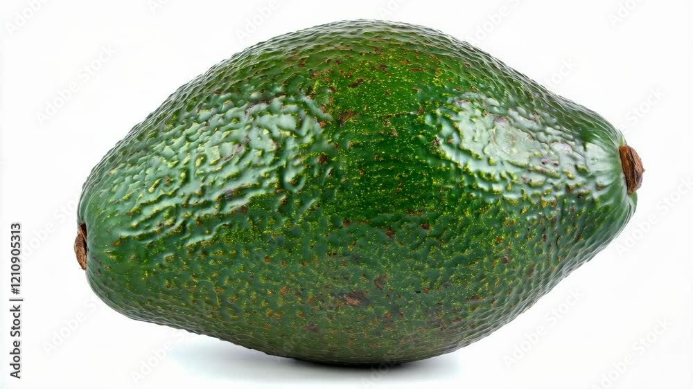 Rotating avocado on white background highlighting textures and shapes