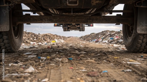 A medium closeup shot from the trucks perspective showing the ground below filled with newly added debris while remnants from previous unloads create a layered effect in the
