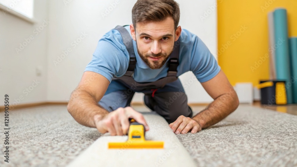 A medium closeup showing a carpet installer gripping a carpet stretch tool his focused expression captured as he exerts pressure to secure the carpet against a newly installed A medium closeup showing a carpet installer gripping a carpet stretch tool his focused expression captured as he exerts pressure to secure the carpet against a newly installed