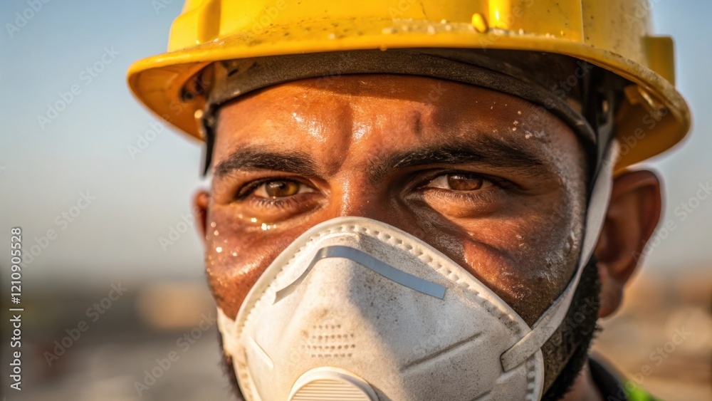 Fototapeta premium A medium closeup showing a construction workers face sweat glistening under the sun wearing a hard hat and a respirator mask embodying the rigor of the job.