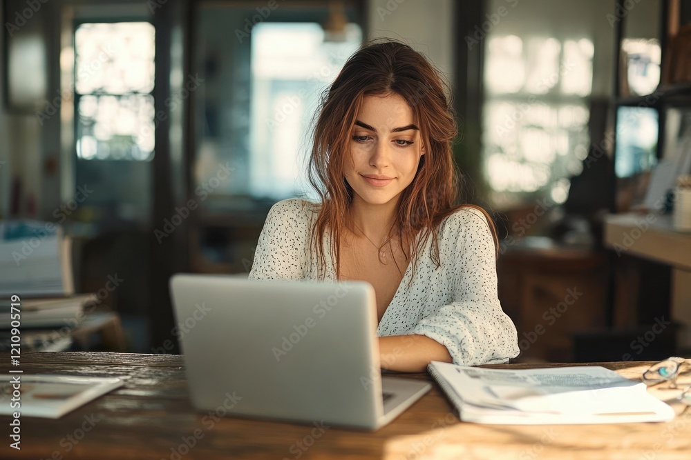 Professional businesswoman working on laptop in modern office smiling mature executive engaged in thoughtful project management Professional businesswoman working on laptop in modern office smiling mature executive engaged in thoughtful project management