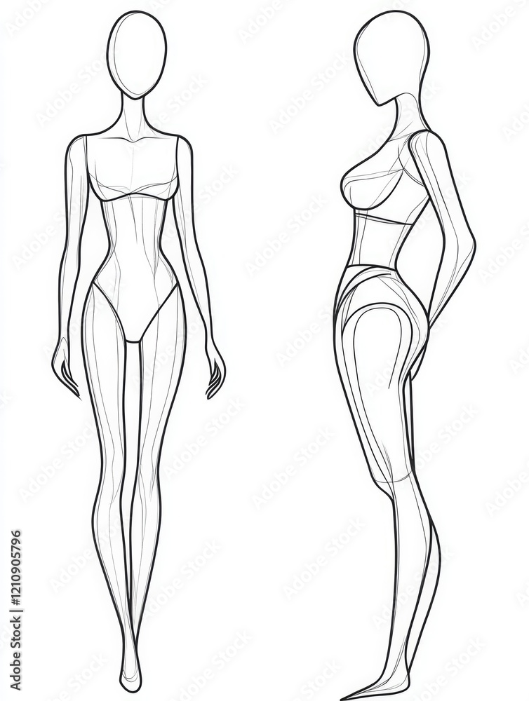 This image features detailed outlines of female model figures, enabling fashion designers to study costume designs and how clothing fits on the human form. This image features detailed outlines of female model figures, enabling fashion designers to study costume designs and how clothing fits on the human form.