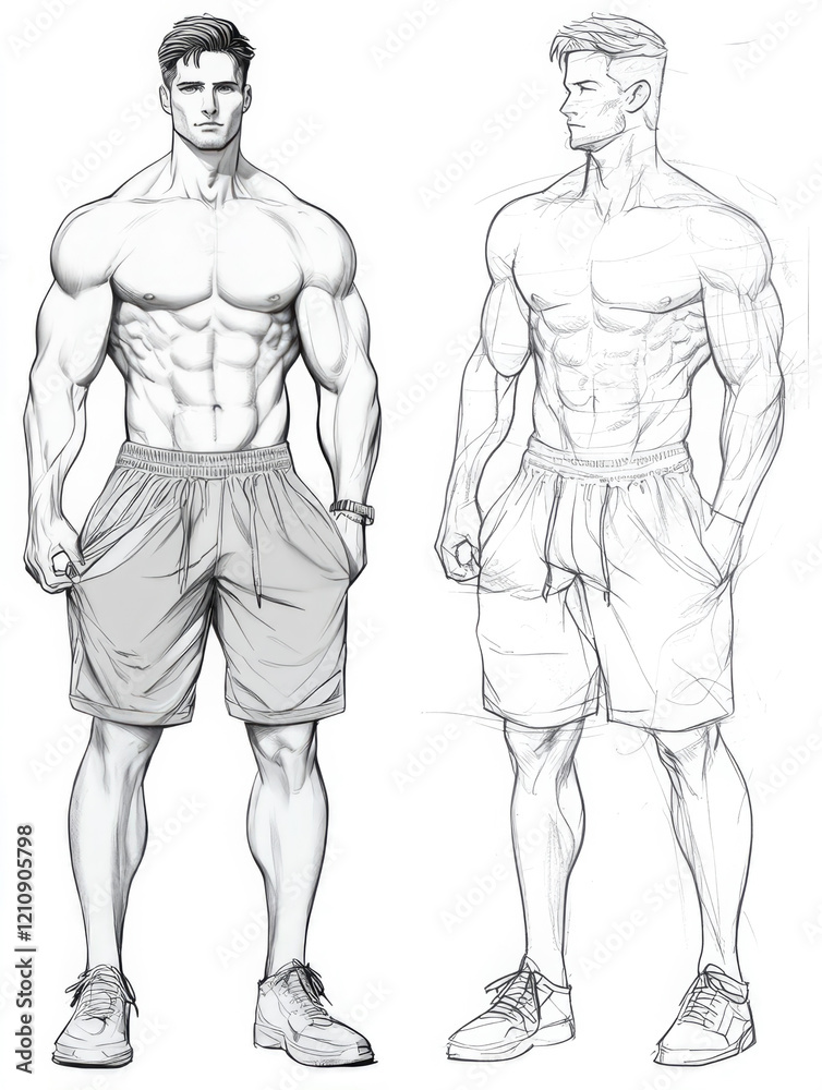An impressive character design depicting a muscular male figure with detailed anatomical features, showcasing both strong physicality and artistic talent in a dynamic pose. An impressive character design depicting a muscular male figure with detailed anatomical features, showcasing both strong physicality and artistic talent in a dynamic pose.