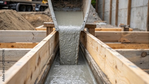 A medium closeup view of the concrete chute being lowered with freshly poured concrete cascading smoothly into a foundation mold highlighting the contrast between the gray concrete