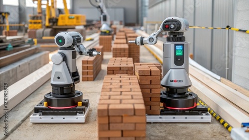 An assembly of robotic units working in tandem on a construction site where one robot places bricks while another uses a laser to measure alignment emphasizing collaboration and photo