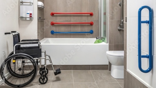 An image capturing the installation of grab bars in a bathroom setting emphasizing ergonomic placement and contrasting colors for visibility in a space designed for individuals