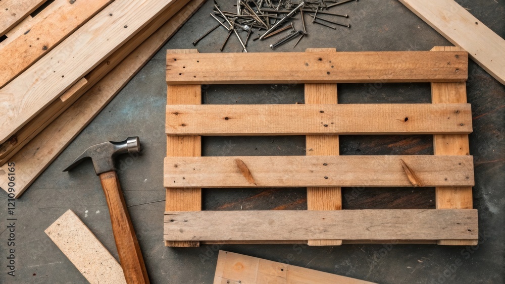 An overhead closeup view of a wooden pallet being dismantled with nails and wooden planks tered around illustrating the focus on reclaiming materials for reuse in building An overhead closeup view of a wooden pallet being dismantled with nails and wooden planks tered around illustrating the focus on reclaiming materials for reuse in building