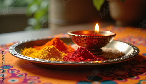 Vibrant Festival Powders with Traditional Oil Lamp on Decorative Plate photo